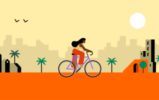 An illustration depicting a girl riding a bicycle on a sunny day, with a city skyline in the background